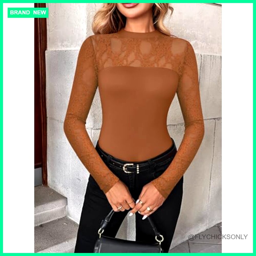 Long Sleeve Lace Mesh Blouse Sheer Tops Women's Fitted Crew Neck - Picture 4 of 7